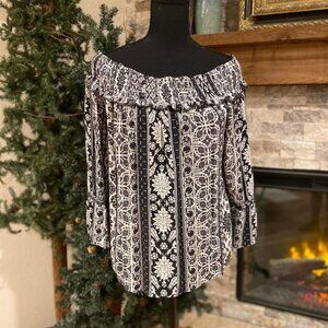 INC International Concepts Off The Shoulder Top Women's White Black Geo Size M